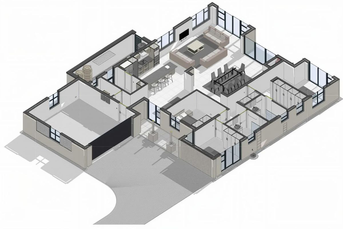 An isometric 3D floor plan showing the layout of a modern house, including an open-plan living area, kitchen, multiple bedrooms, bathrooms, and a double garage.