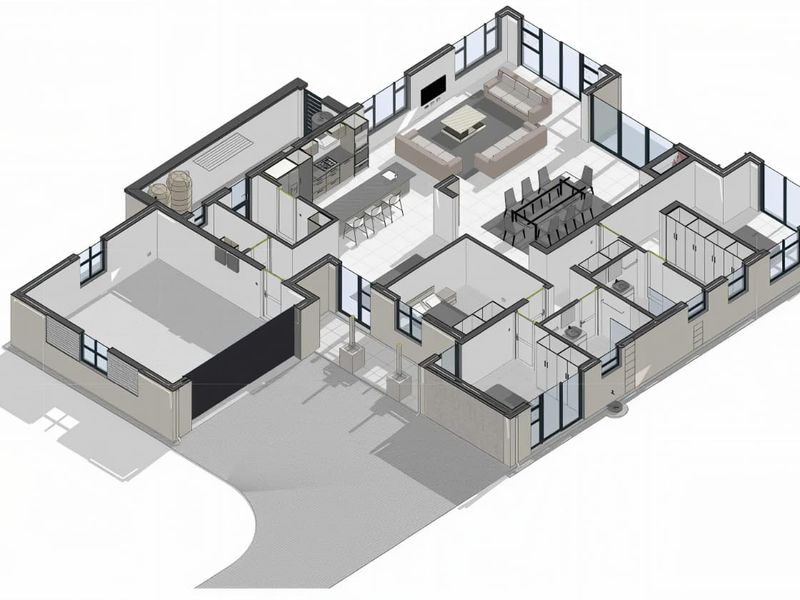 An isometric 3D floor plan showing the layout of a modern house, including an open-plan living area, kitchen, multiple bedrooms, bathrooms, and a double garage.