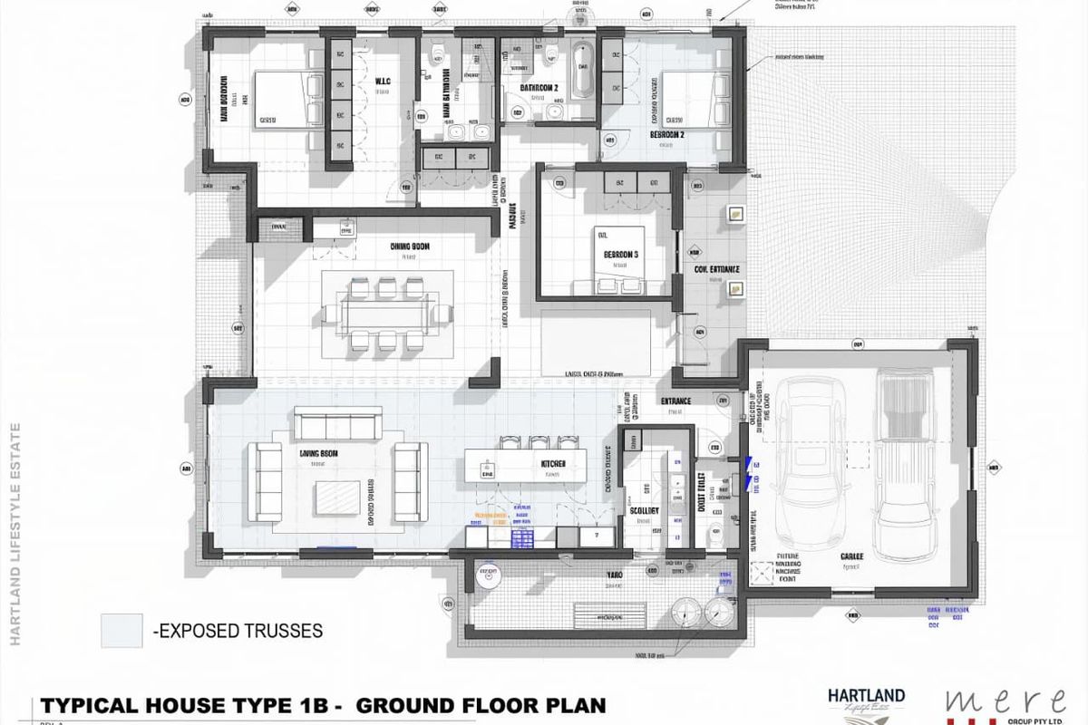 Architectural ground floor plan for a typical house type, featuring an open-plan living area, kitchen with scullery, three bedrooms, and a double garage.