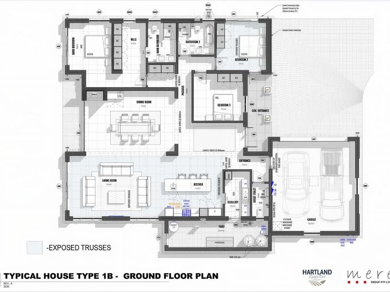 Architectural ground floor plan for a typical house type, featuring an open-plan living area, kitchen with scullery, three bedrooms, and a double garage.
