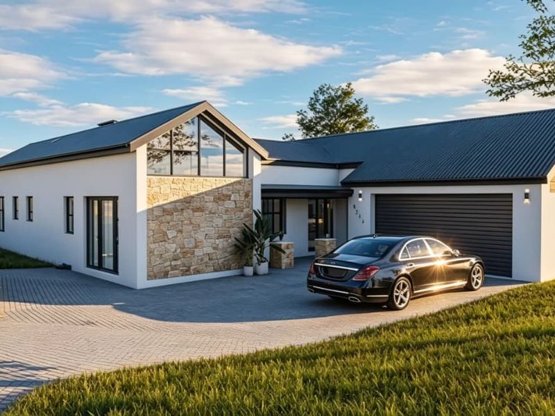 Modern single-story residence featuring stone cladding, a metal roof, and a spacious paved driveway leading to a double garage.
