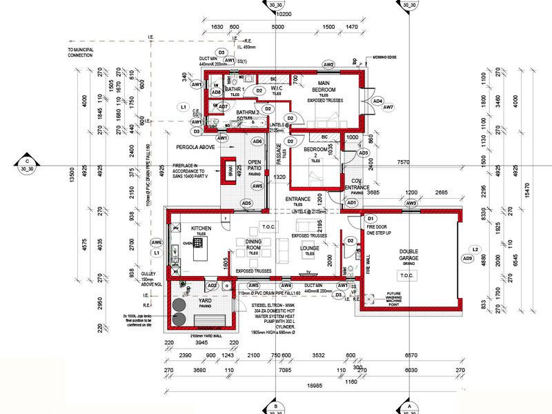 Architectural floor plan detailing the layout of a residential house, including bedrooms, bathrooms, kitchen, living areas, and a double garage.