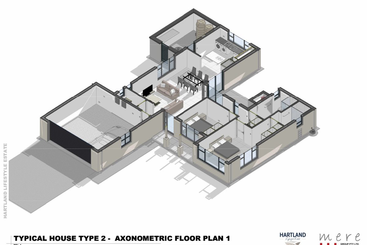 An axonometric floor plan showing the layout of a typical house, including garage, living areas, bedrooms, bathrooms, and laundry.