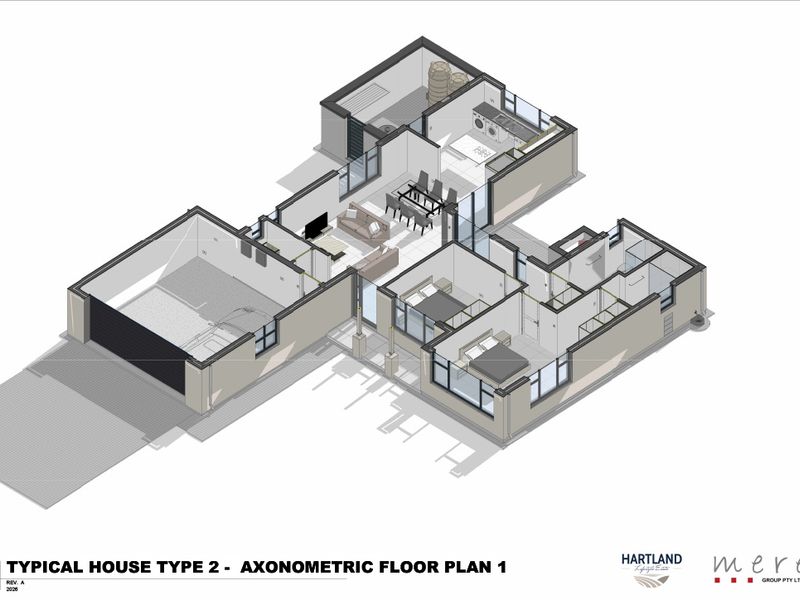 An axonometric floor plan showing the layout of a typical house, including garage, living areas, bedrooms, bathrooms, and laundry.