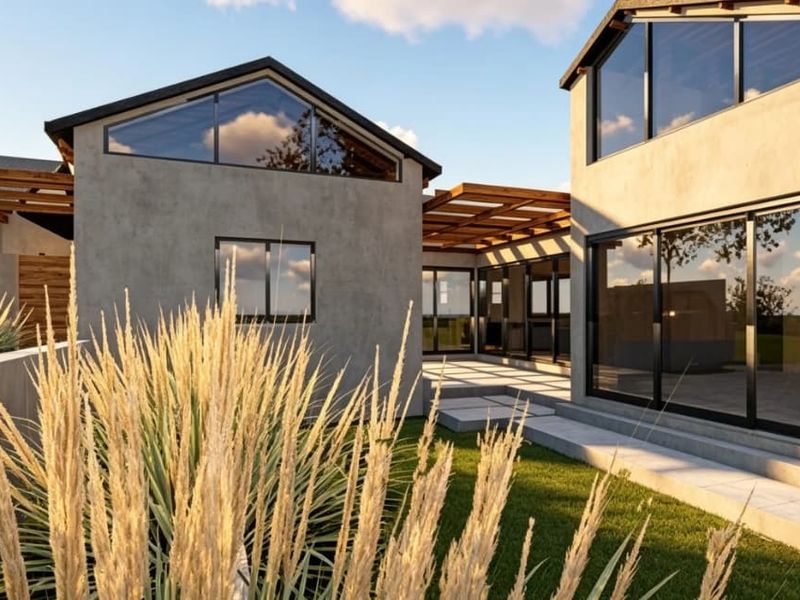 Modern architectural rear exterior featuring concrete walls, timber pergola, and expansive sliding glass doors opening onto a paved patio area.