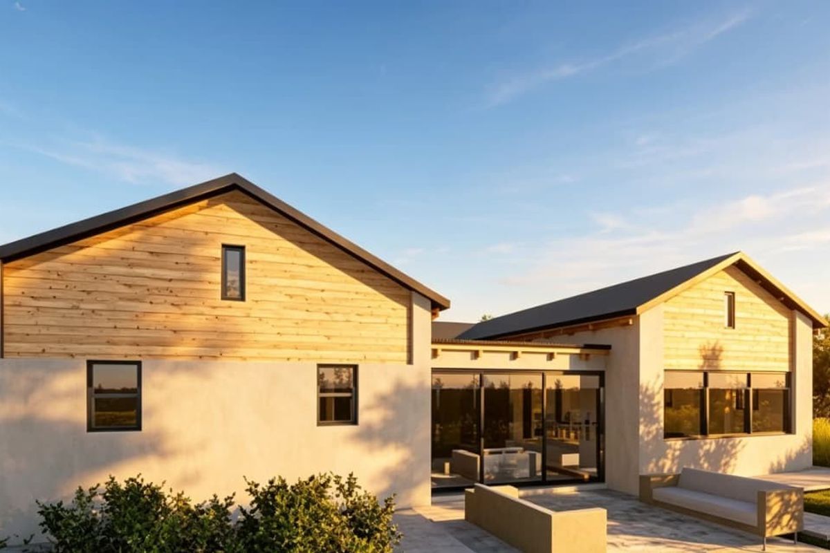 Modern rear elevation featuring timber cladding, large sliding glass doors, and a paved patio area, showcasing contemporary architectural design.