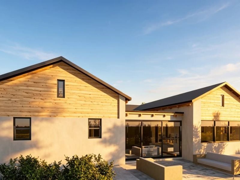 Modern rear elevation featuring timber cladding, large sliding glass doors, and a paved patio area, showcasing contemporary architectural design.