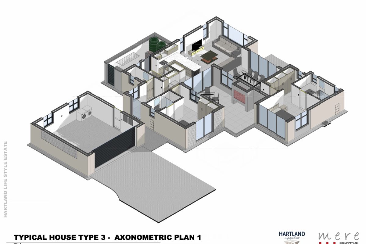 An axonometric floor plan for a typical house type, illustrating the layout of the living areas, bedrooms, kitchen, and garage.
