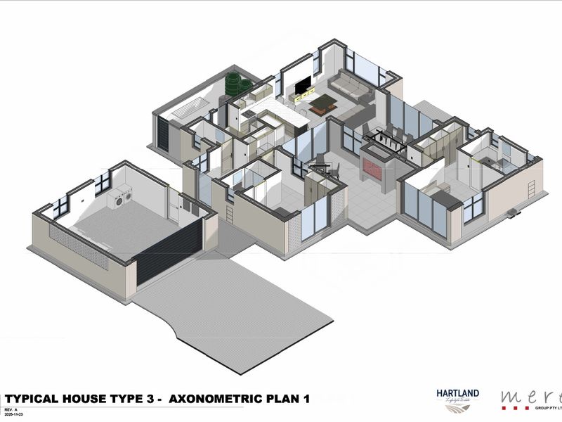 An axonometric floor plan for a typical house type, illustrating the layout of the living areas, bedrooms, kitchen, and garage.