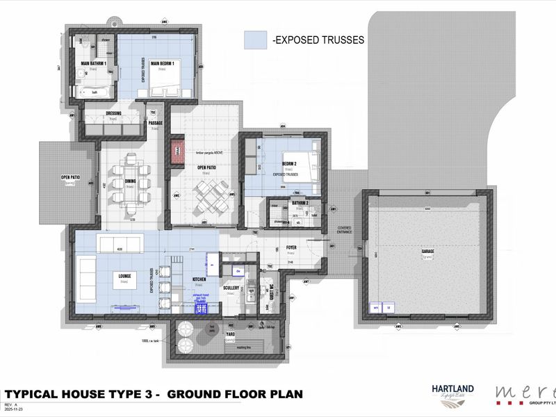 Architectural ground floor plan for a typical house type, detailing the layout of bedrooms, bathrooms, living areas, kitchen, scullery, garage, and outdoor patios.
