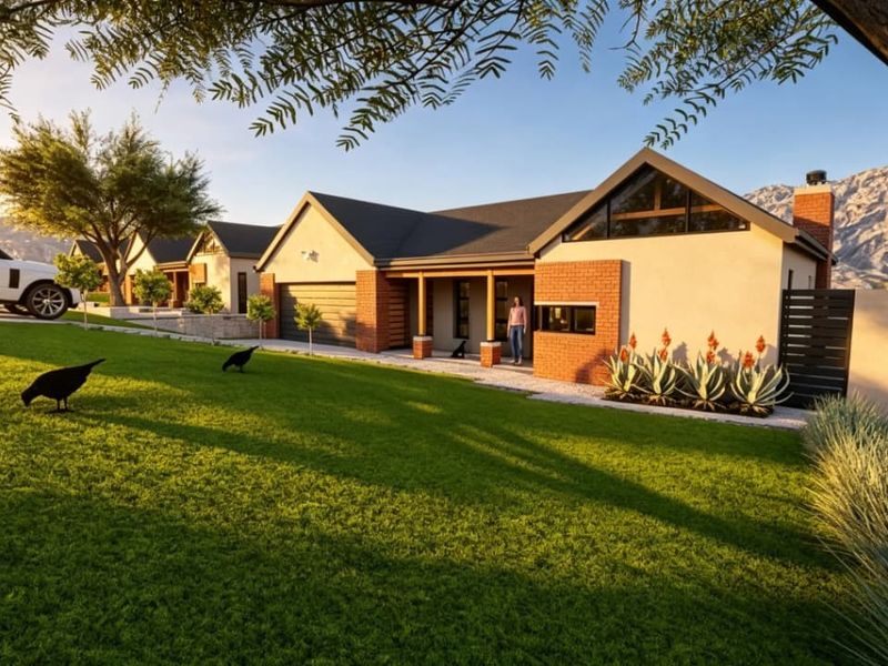 Modern single-story residence featuring a brick and plaster facade, pitched roof, and a spacious front lawn with mountain views.