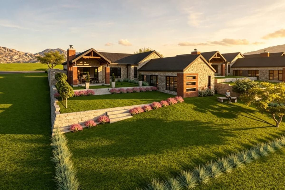 A high-quality architectural rendering of a modern stone and brick residence featuring a landscaped rear garden, tiered retaining walls, and a covered patio area.