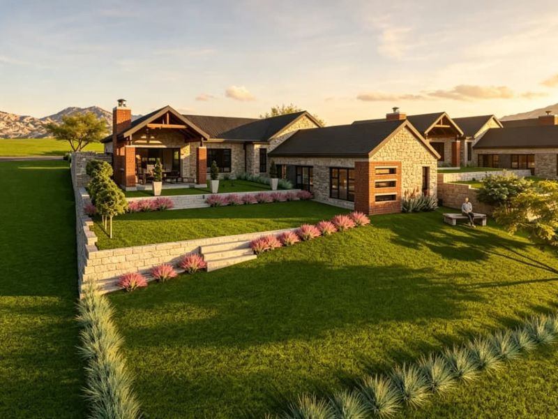 A high-quality architectural rendering of a modern stone and brick residence featuring a landscaped rear garden, tiered retaining walls, and a covered patio area.