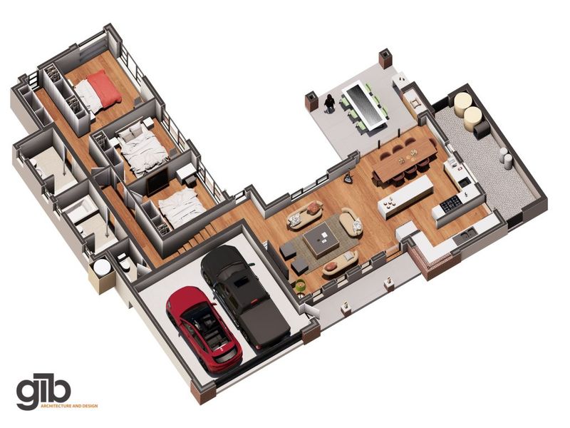 A detailed 3D floor plan showcasing a three-bedroom home with an open-plan living area, modern kitchen, and double garage.