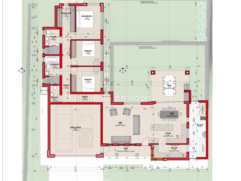 A detailed architectural floor plan showing the layout of a single-story house, including bedrooms, living areas, kitchen, garage, and outdoor patio spaces.