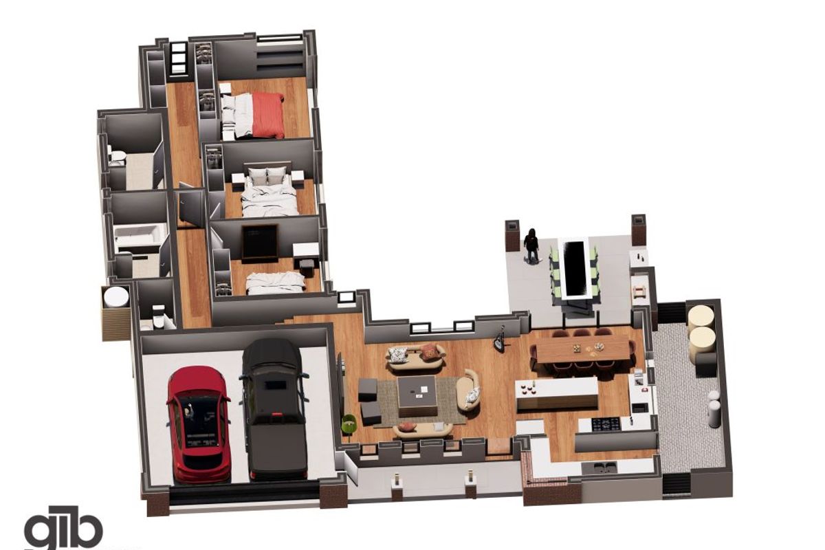 A 3D rendered floor plan showing a modern layout with a double garage, open plan living area, three bedrooms, and an outdoor patio space.