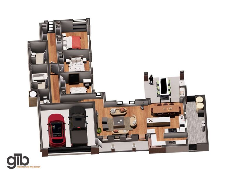 A 3D rendered floor plan showing a modern layout with a double garage, open plan living area, three bedrooms, and an outdoor patio space.