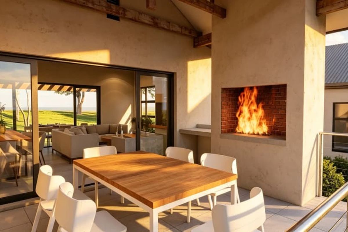 Covered outdoor patio featuring a built-in fireplace, exposed timber beams, and seamless access to the interior living area through large sliding glass doors.