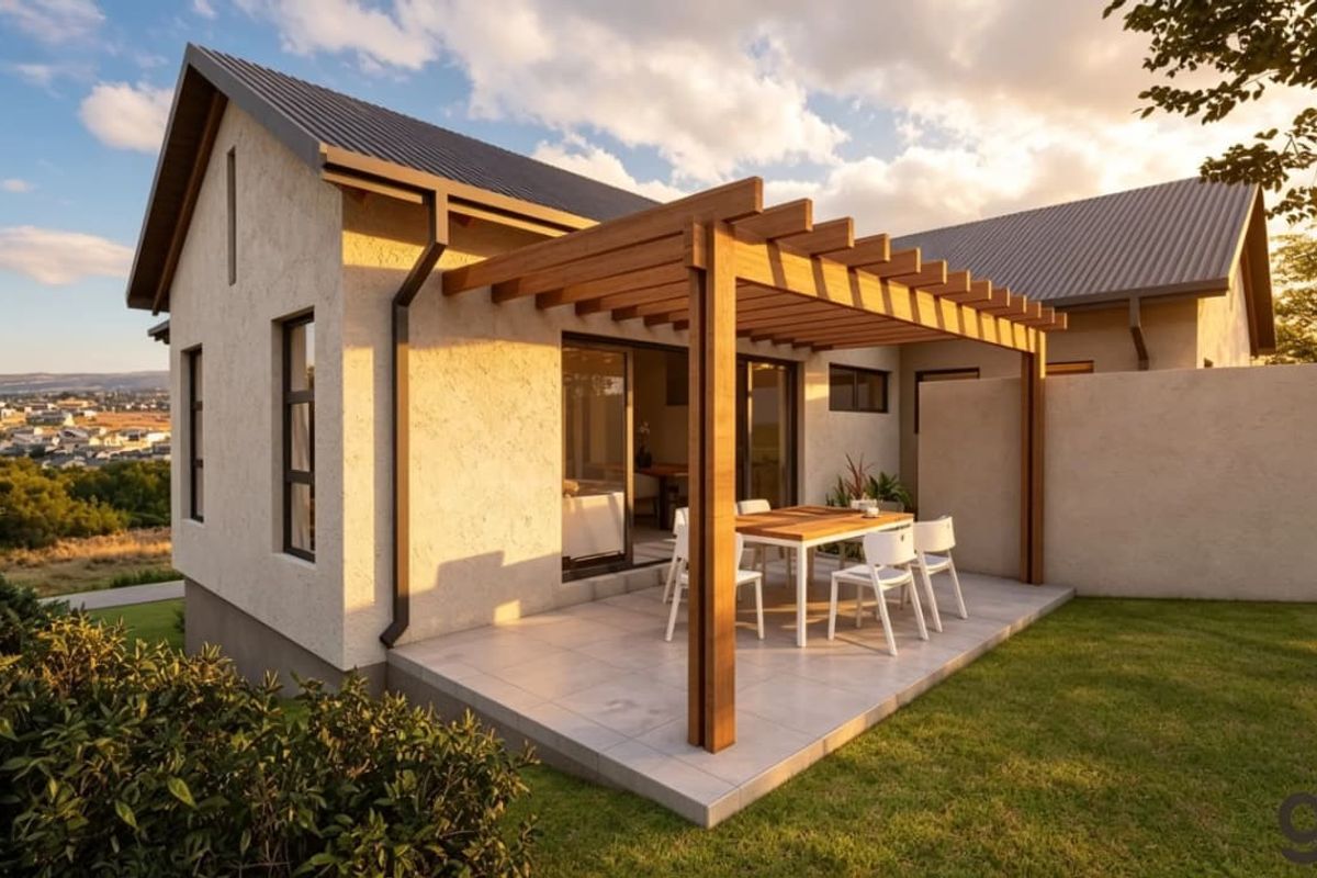 A well-maintained rear exterior featuring a timber pergola over a tiled patio, providing a seamless transition from the living area to the garden.