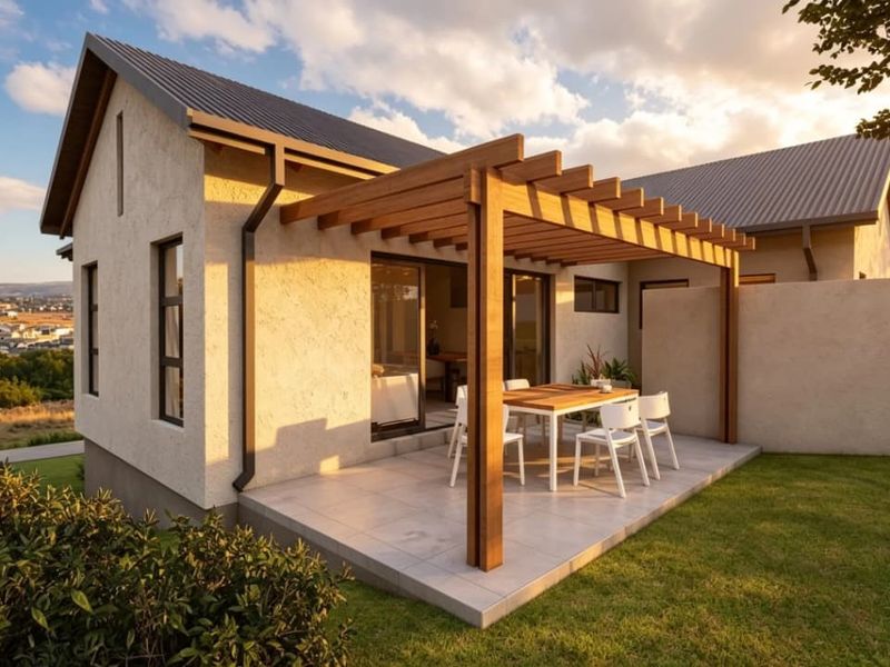 A well-maintained rear exterior featuring a timber pergola over a tiled patio, providing a seamless transition from the living area to the garden.
