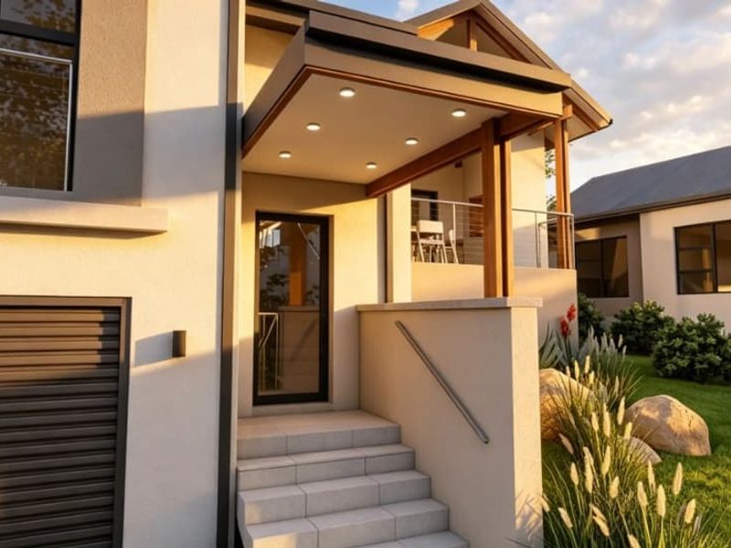 Modern front facade featuring a covered entrance porch with recessed lighting, concrete steps, a garage, and a well-maintained landscaped garden.