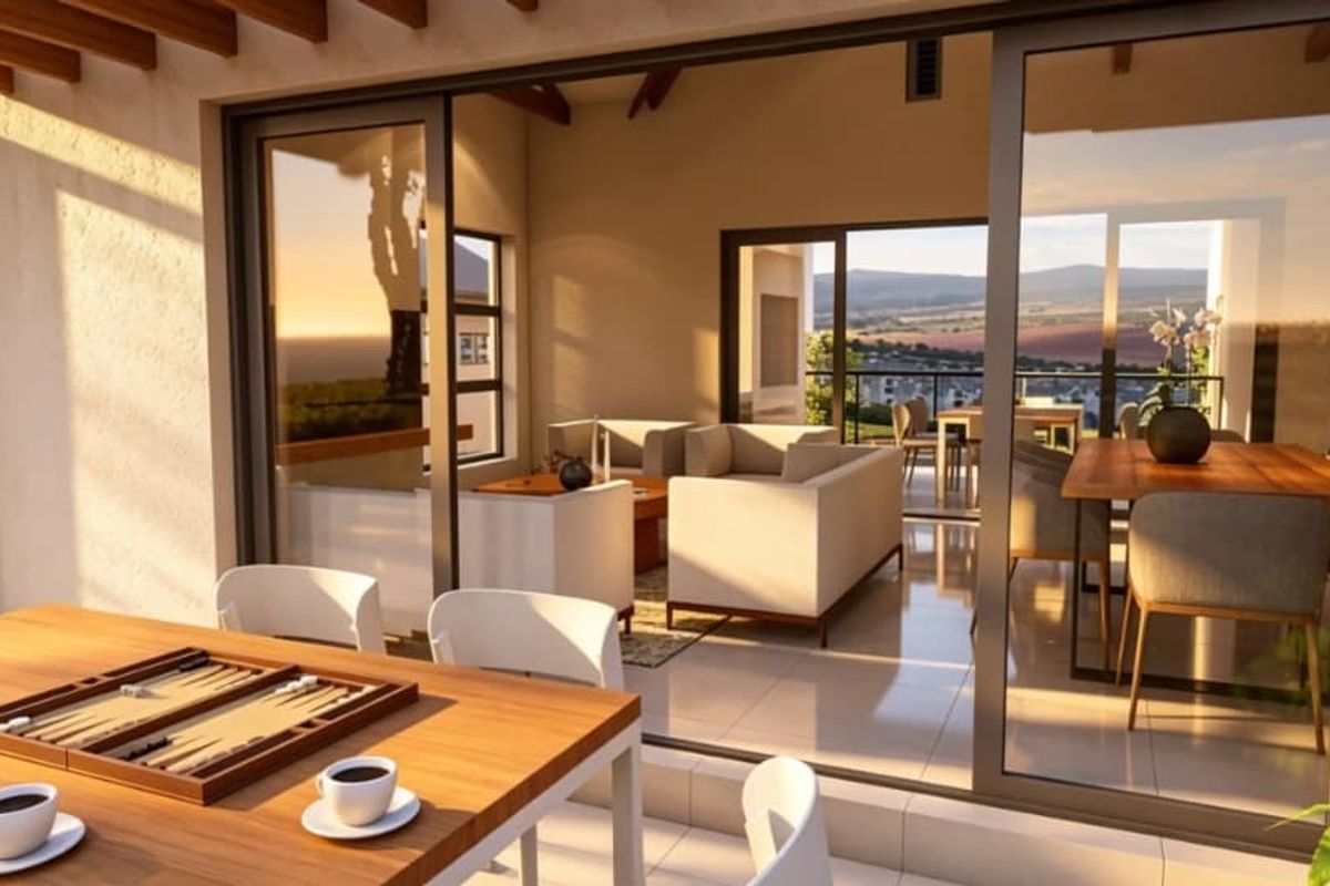 A modern covered patio featuring large sliding glass doors that open into an open-plan living and dining area with scenic views.