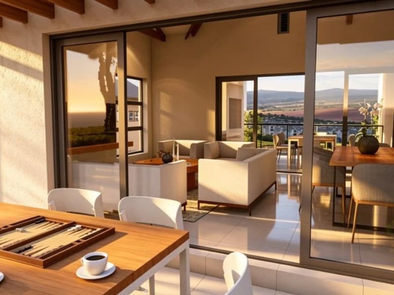 A modern covered patio featuring large sliding glass doors that open into an open-plan living and dining area with scenic views.