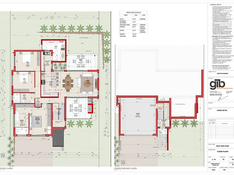 Architectural floor plan showing the layout of the ground and lower ground floors, including room dimensions and site specifications.