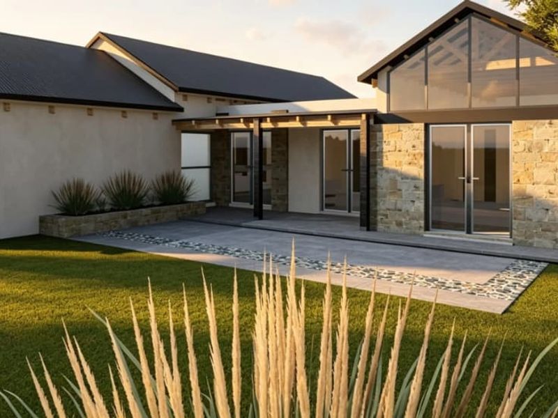 Modern architectural house exterior featuring stone cladding, a corrugated metal roof, timber pergola, and a paved driveway with integrated garage.