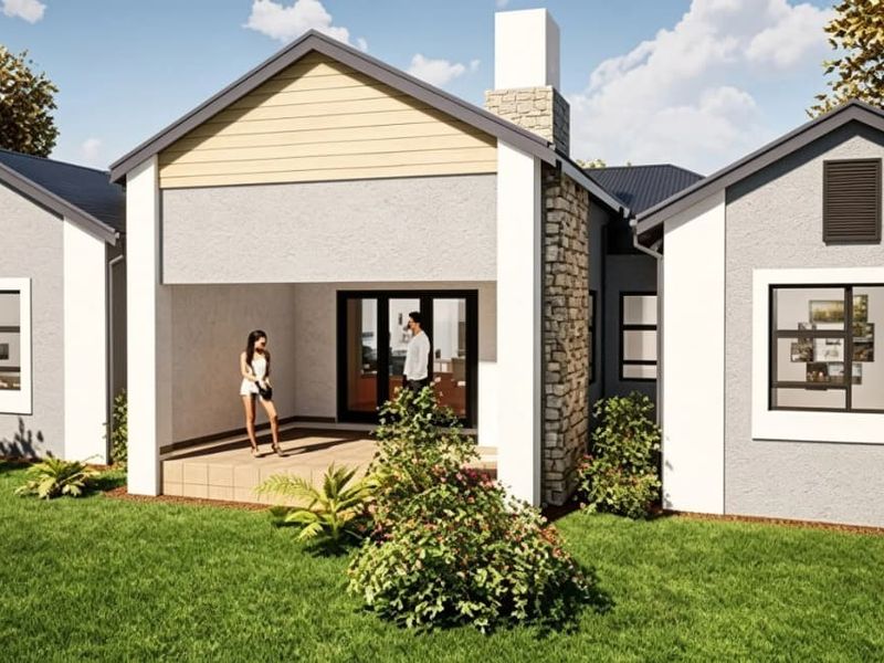 A rear view of a modern house featuring a covered patio, stone chimney detail, and a well-maintained garden.