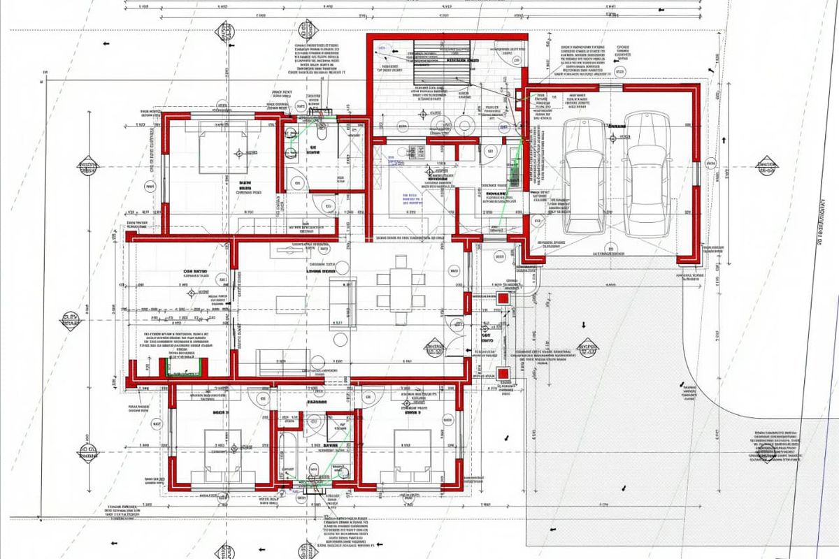 Architectural floor plan showing the layout of the ground floor unit, including living areas, bedrooms, bathrooms, and a double garage.