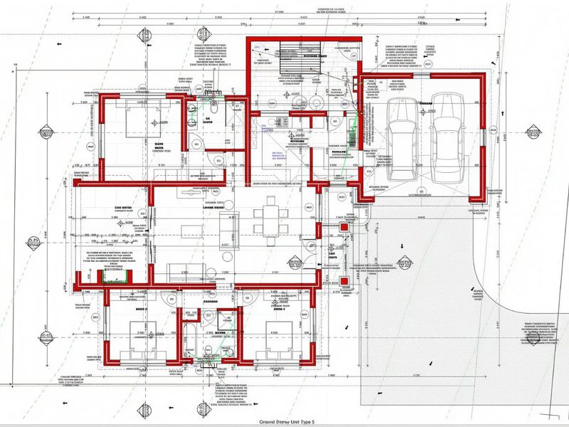 Architectural floor plan showing the layout of the ground floor unit, including living areas, bedrooms, bathrooms, and a double garage.