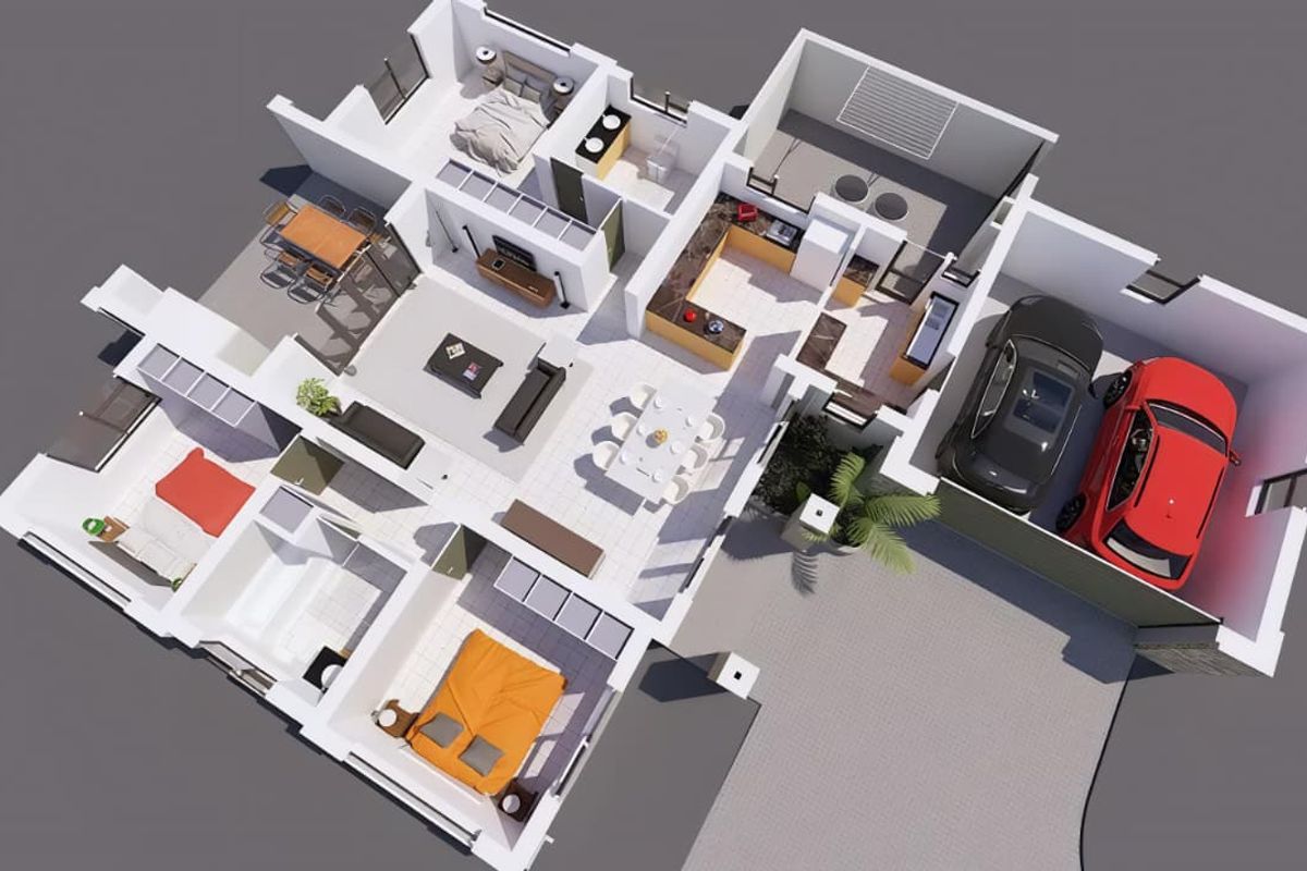 A 3D rendered floor plan showing the layout of a residential home, including bedrooms, living areas, kitchen, scullery, and a double garage.
