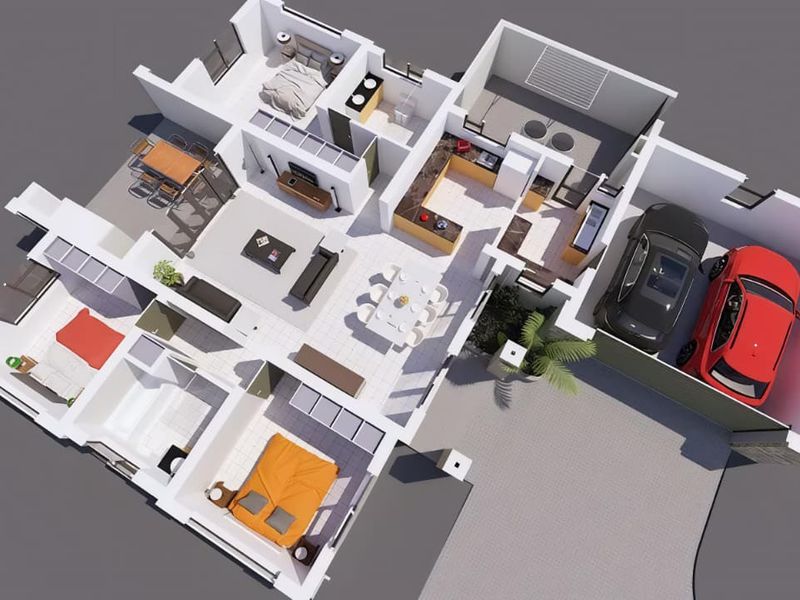 A 3D rendered floor plan showing the layout of a residential home, including bedrooms, living areas, kitchen, scullery, and a double garage.