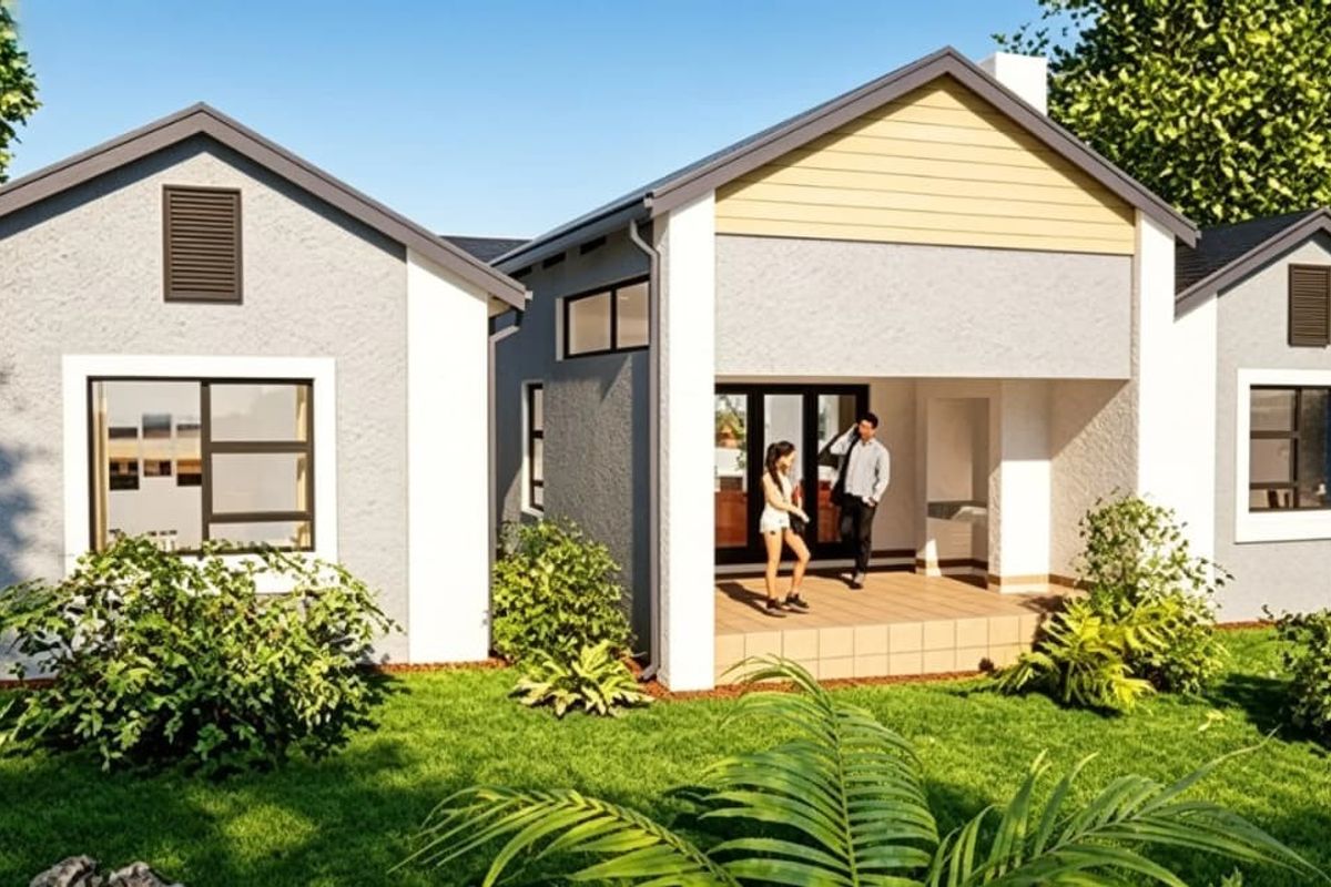 A modern residential exterior view featuring a covered tiled patio, clean architectural lines, and well-maintained garden surroundings.