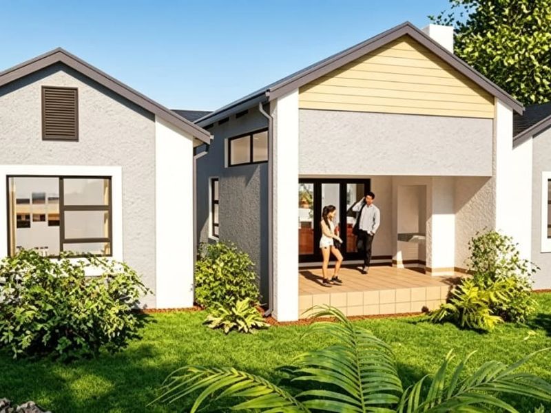 A modern residential exterior view featuring a covered tiled patio, clean architectural lines, and well-maintained garden surroundings.