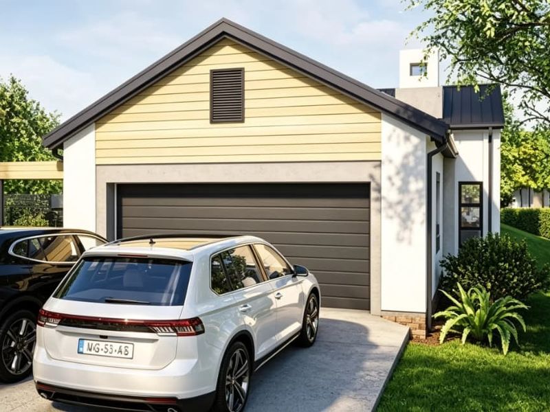 Front view of a modern house featuring a garage with a dark sectional door, concrete driveway, and clean architectural lines.