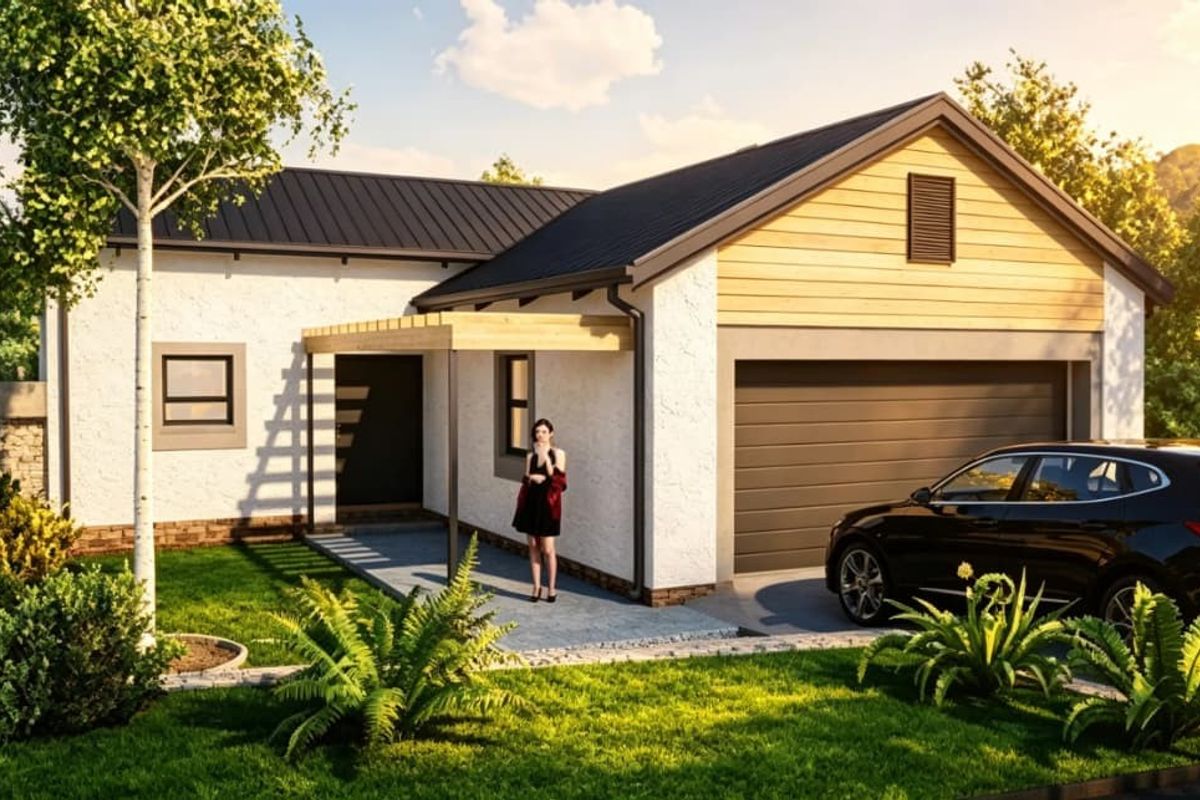 A modern single-story house exterior featuring a metal roof, timber cladding accents, a paved driveway, and an integrated garage.