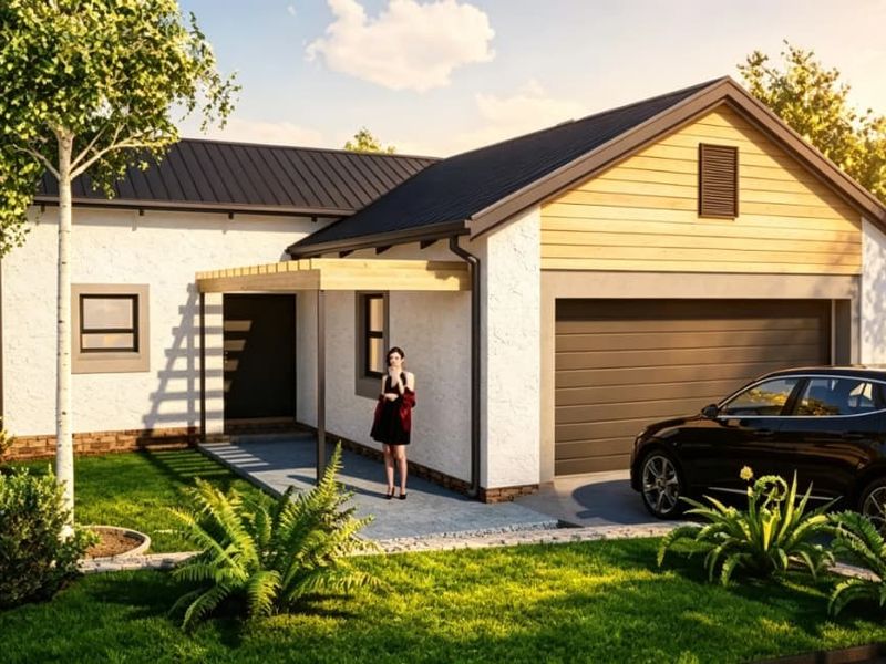 A modern single-story house exterior featuring a metal roof, timber cladding accents, a paved driveway, and an integrated garage.