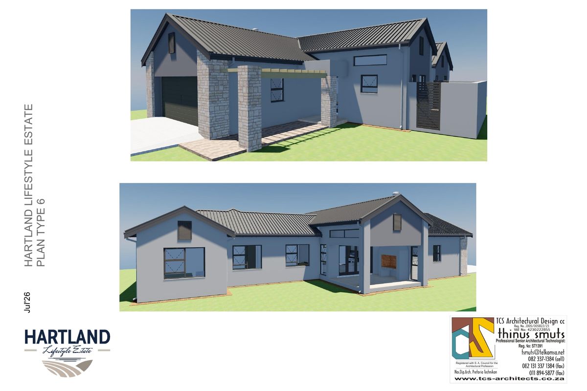 Architectural 3D rendering of a modern house design featuring stone cladding, pitched roofing, and integrated garage, showcasing the proposed exterior layout.