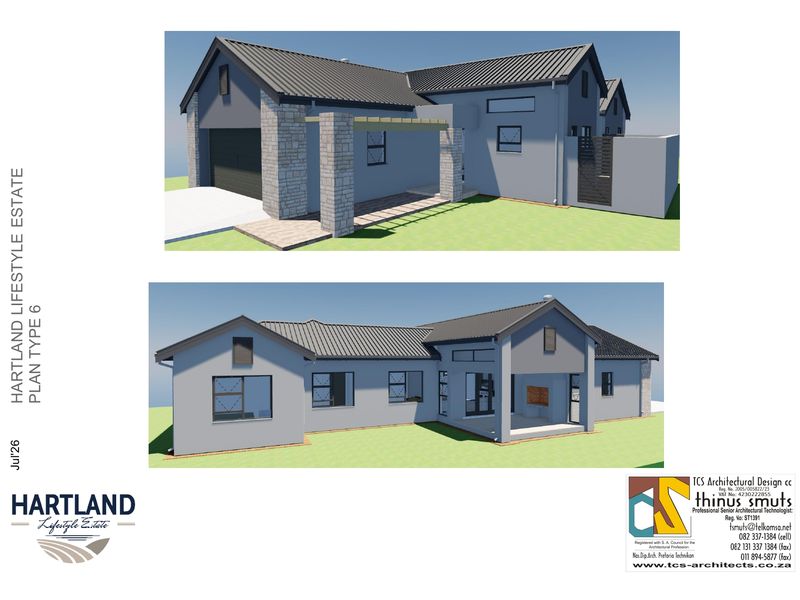 Architectural 3D rendering of a modern house design featuring stone cladding, pitched roofing, and integrated garage, showcasing the proposed exterior layout.