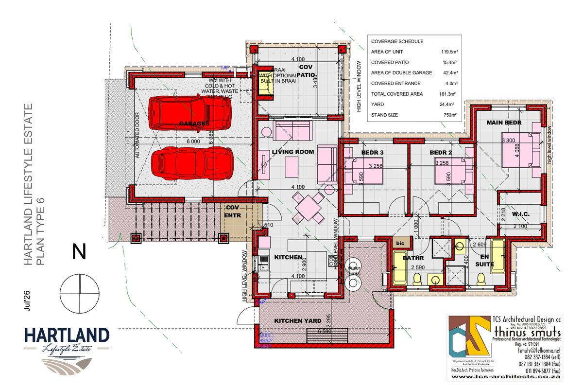 Architectural floor plan for a Hartland Lifestyle Estate home, featuring a double garage, three bedrooms, open-plan living areas, and a covered patio with braai.