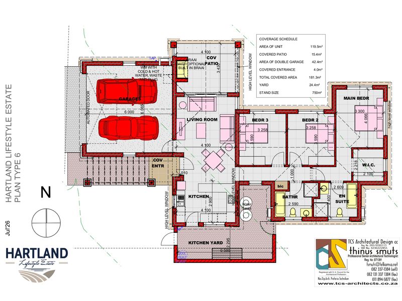 Architectural floor plan for a Hartland Lifestyle Estate home, featuring a double garage, three bedrooms, open-plan living areas, and a covered patio with braai.