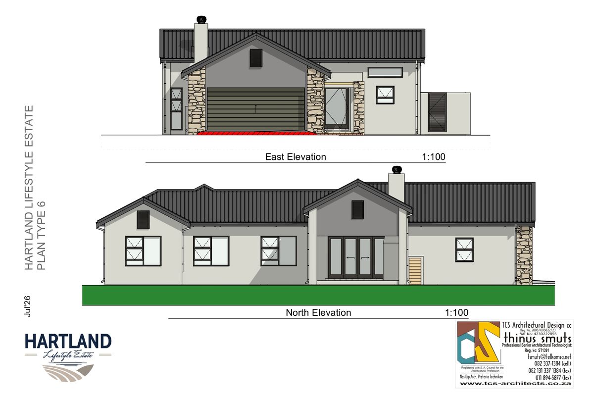 Architectural elevation drawings for Hartland Lifestyle Estate Plan Type 6, showing East and North facade designs with stone detailing and roof profiles.