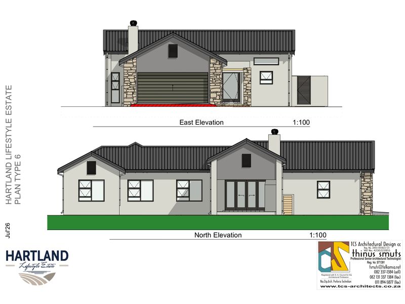 Architectural elevation drawings for Hartland Lifestyle Estate Plan Type 6, showing East and North facade designs with stone detailing and roof profiles.