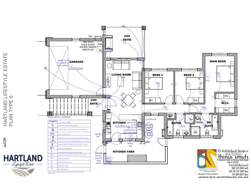 Architectural floor plan for Hartland Lifestyle Estate Plan Type 6, detailing the layout of bedrooms, living areas, kitchen, and garage.