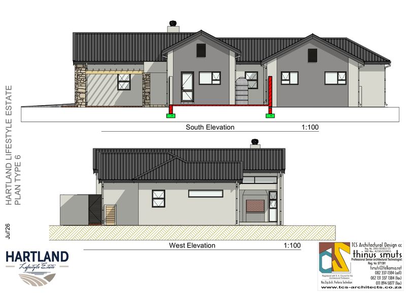 Architectural elevation drawings for Hartland Lifestyle Estate Plan Type 6, showing South and West building facades with roof and window details.
