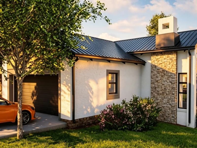 A modern single-story home featuring a metal roof, stone facade accents, and an integrated garage, set within a well-maintained landscaped garden.