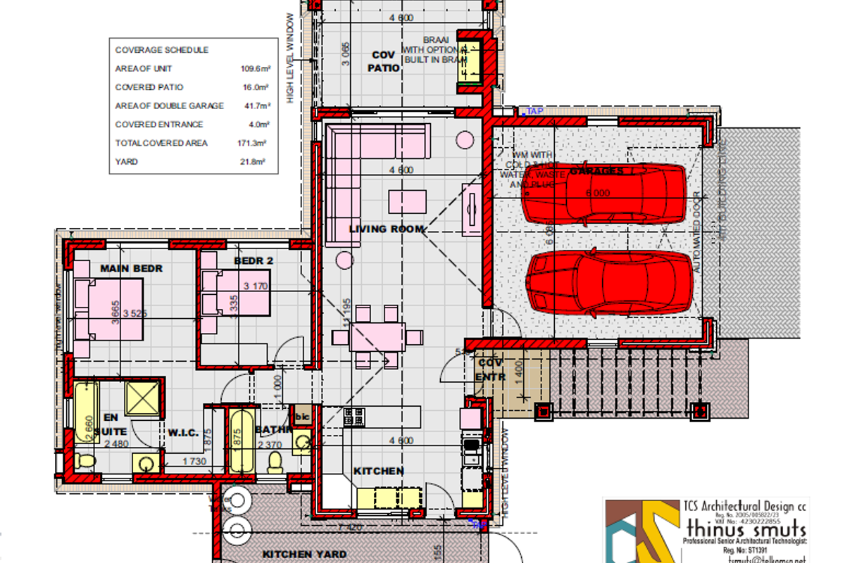 Architectural floor plan showing a residential layout with a double garage, open-plan living area, kitchen, three bedrooms, and a covered patio with built-in braai.