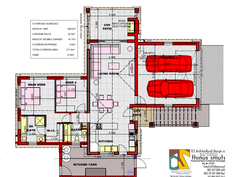 Architectural floor plan showing a residential layout with a double garage, open-plan living area, kitchen, three bedrooms, and a covered patio with built-in braai.